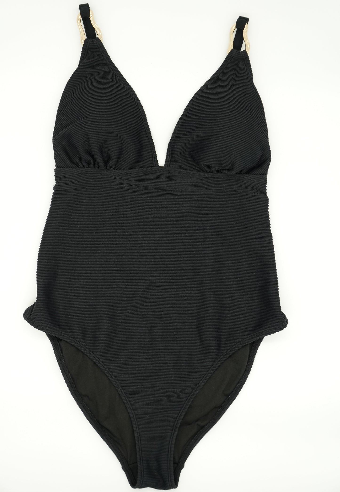 Atolla Fuller Bust Non-Wired Plunge Swimsuit in Black Ribbed Texture DD+