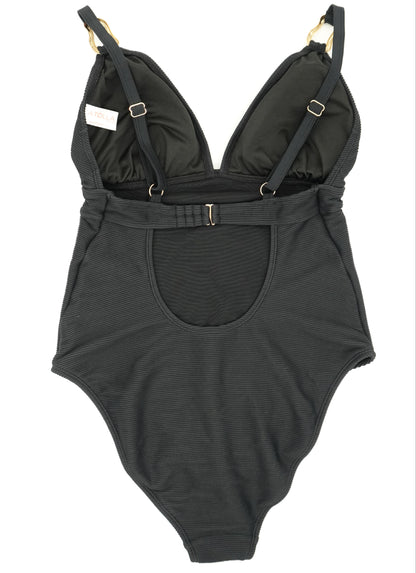 Atolla Fuller Bust Non-Wired Plunge Swimsuit in Black Ribbed Texture DD+