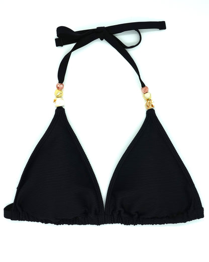 Atolla Fuller Bust Triangle Bikini Top in Black Ribbed Texture DD+